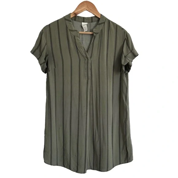 H&M Olive Green Striped V-Neck Dress, Size 2